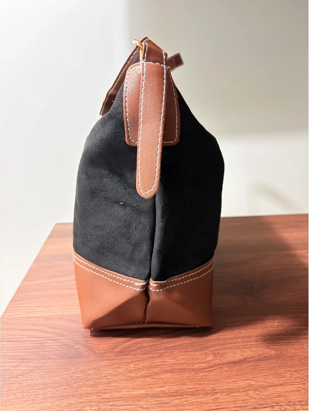 Black Suede and Brown Vegan Leather Shoulder Bag with Adjustable Strap